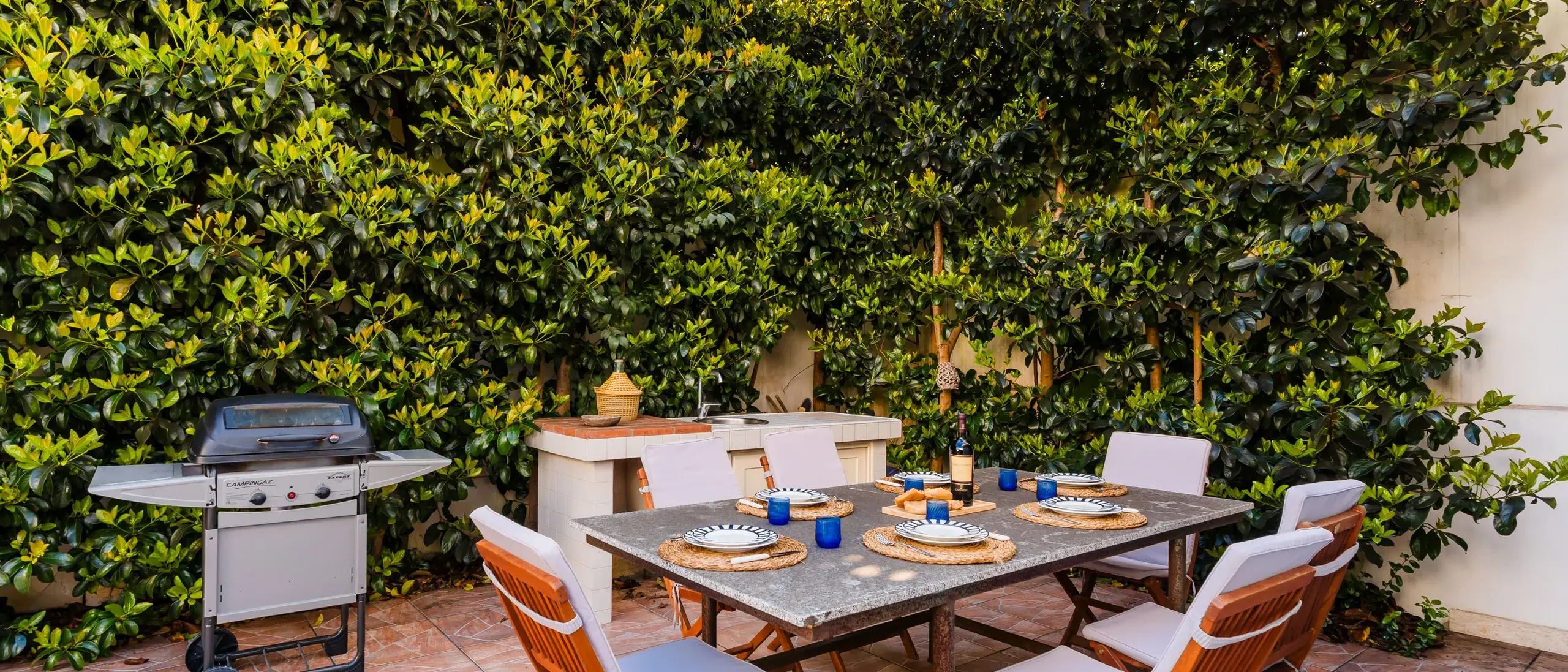 Un'area esterna con un tavolo apparecchiato, sedie e un barbecue, circondata da piante verdi