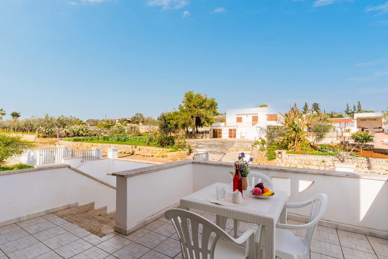 Vista di un patio con un tavolo e sedie, che si affaccia su un giardino e case circostanti