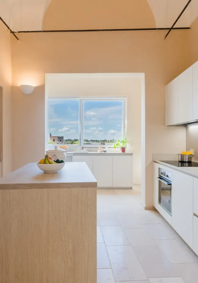 Cucina moderna con isola centrale, finestra che offre vista panoramica e piante sul davanzale